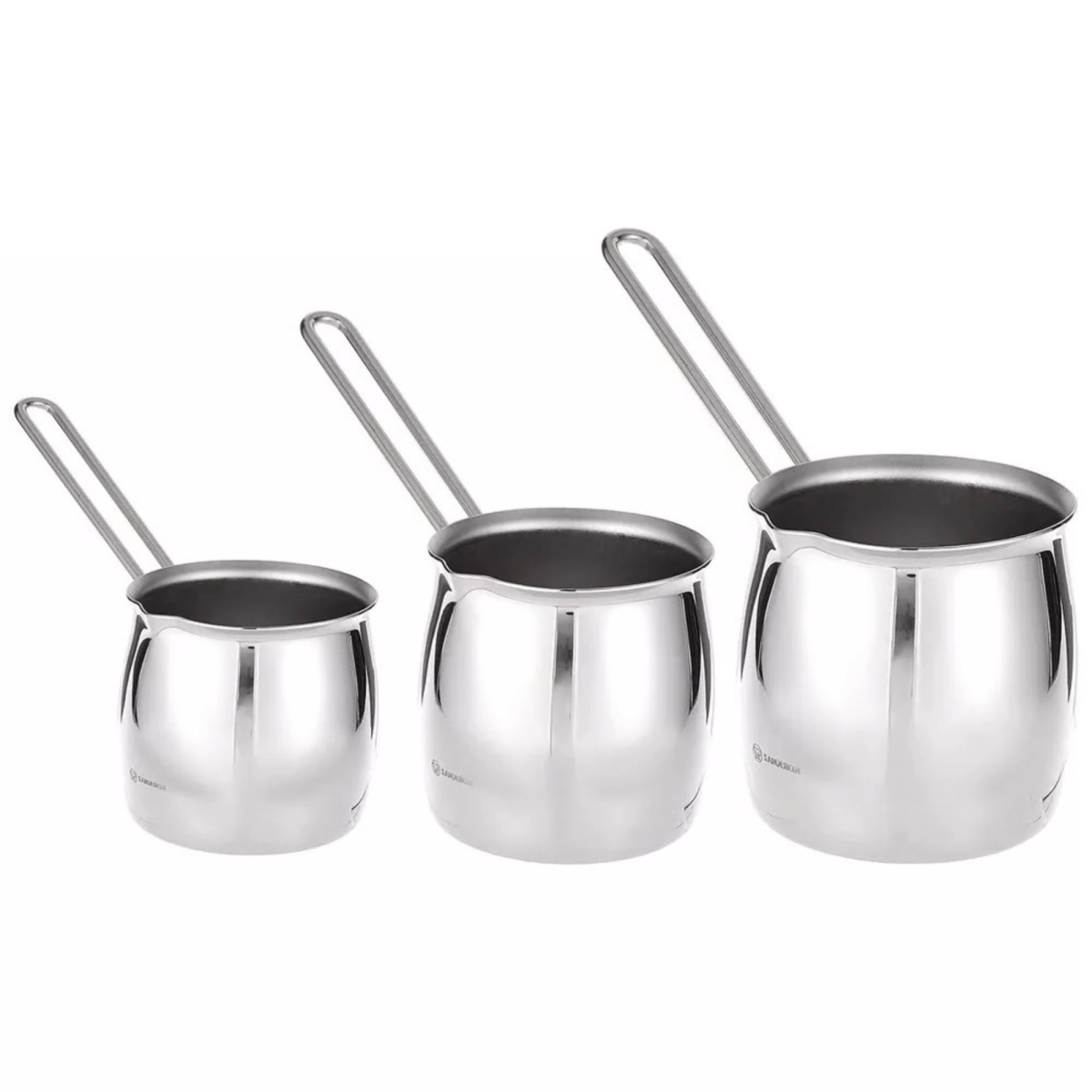 Picture of Korkmaz A1217-CP Korkmaz Tombik 3 Piece Stainless Steel Turkish Coffee Pot Set