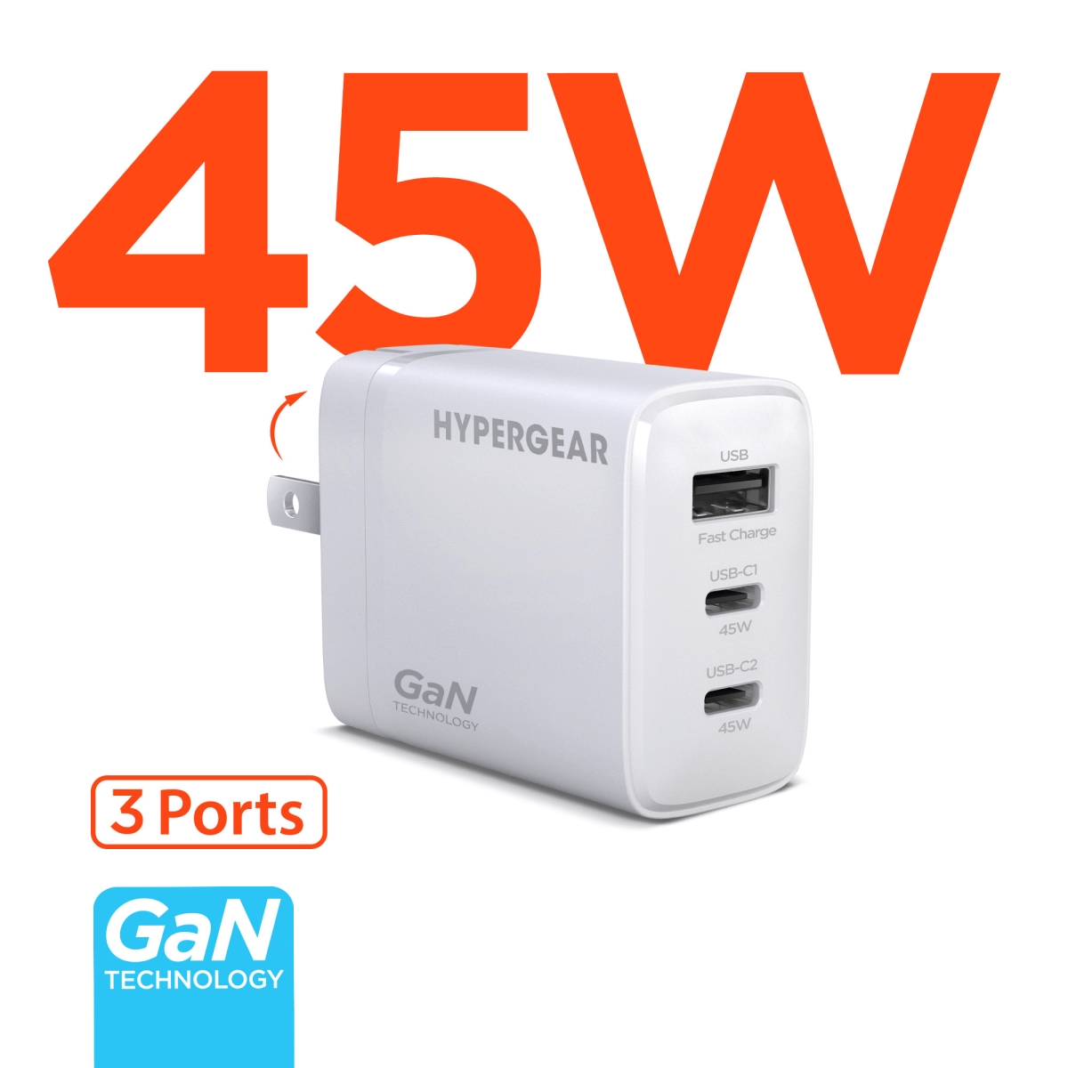 16238-HYP  SpeedBoost 45W USB-C PD Tri-Port GaN Fast Wall Charger with PPS