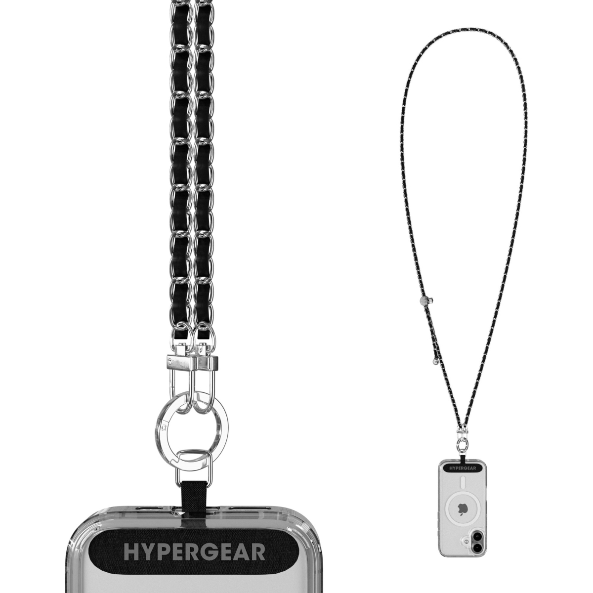 16279-HYP  TECHcessories Silver Chain with Black Vegan Leather Universal Crossbody Phone Strap
