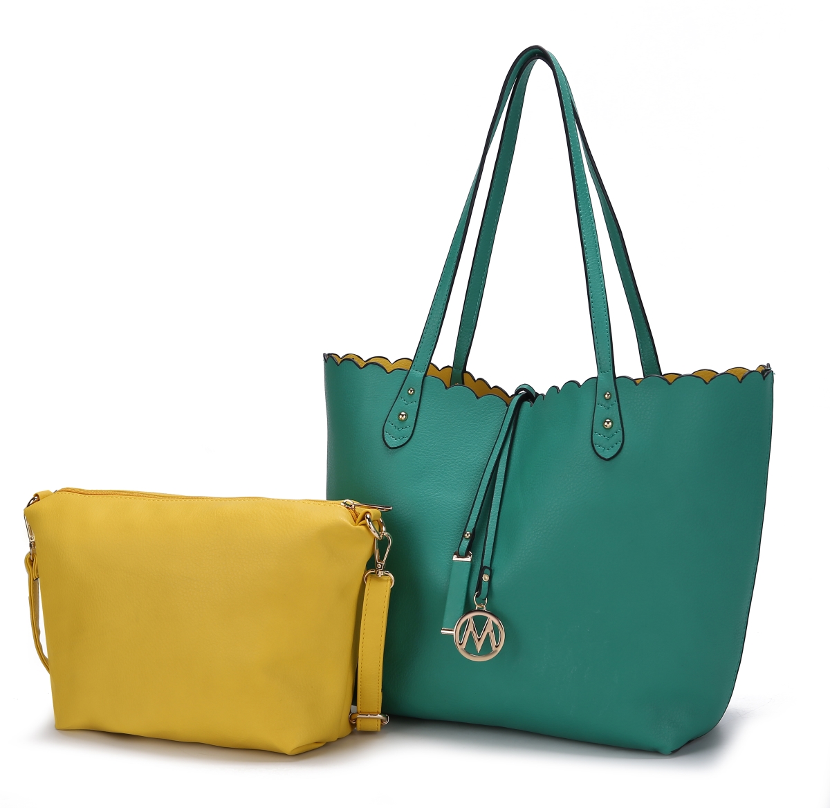 Picture of MKF Collection by Mia K. MKF-X462TL-YL Amahia Reversible Shopper Tote & Shoulder Bag with Cosmetic Pouch&#44; Teal & Yellow