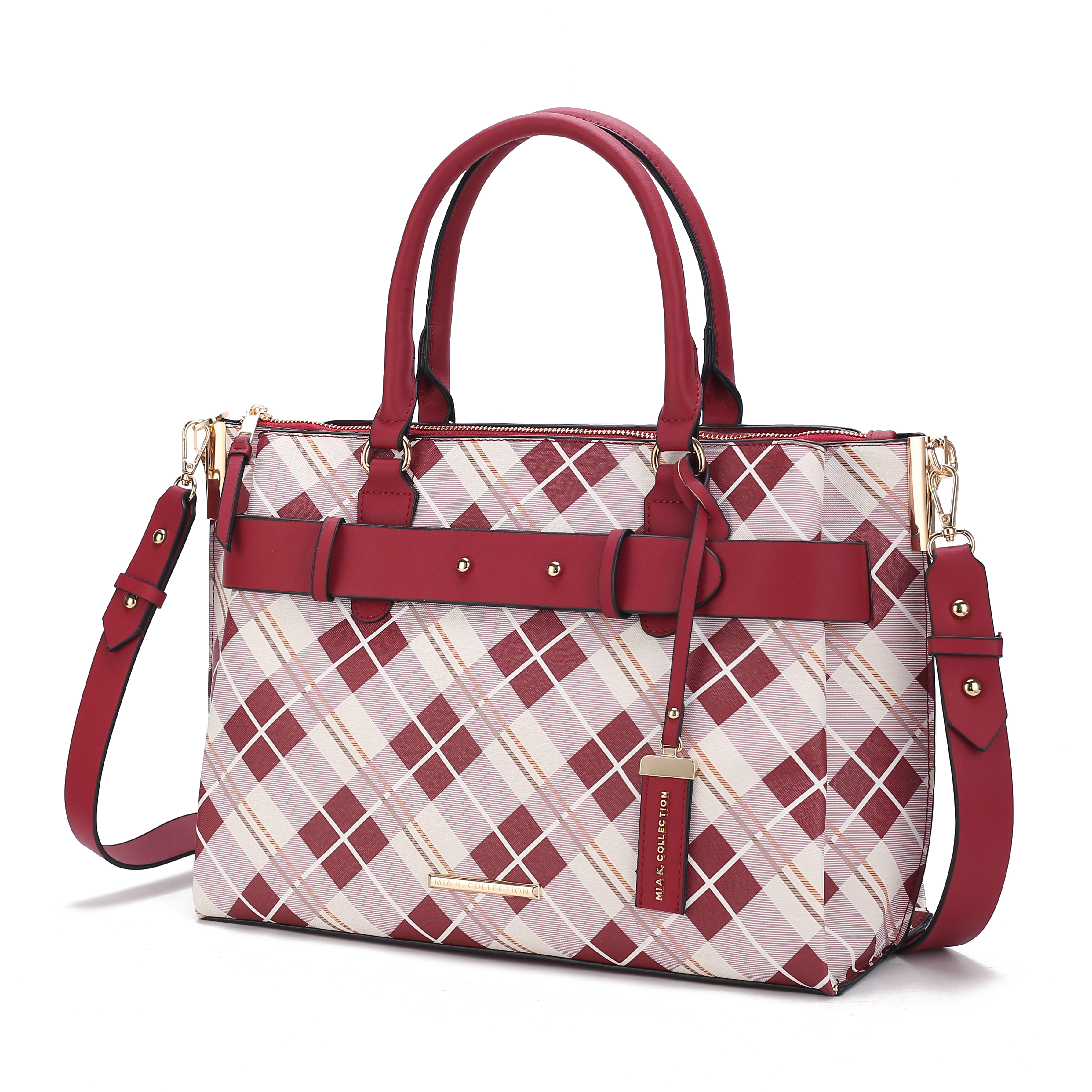 Picture of MKF Collection by Mia K. MKF-PLD-X419N-BRG-RD Vivian Plaid Vegan Leather Womens Satchel Bag