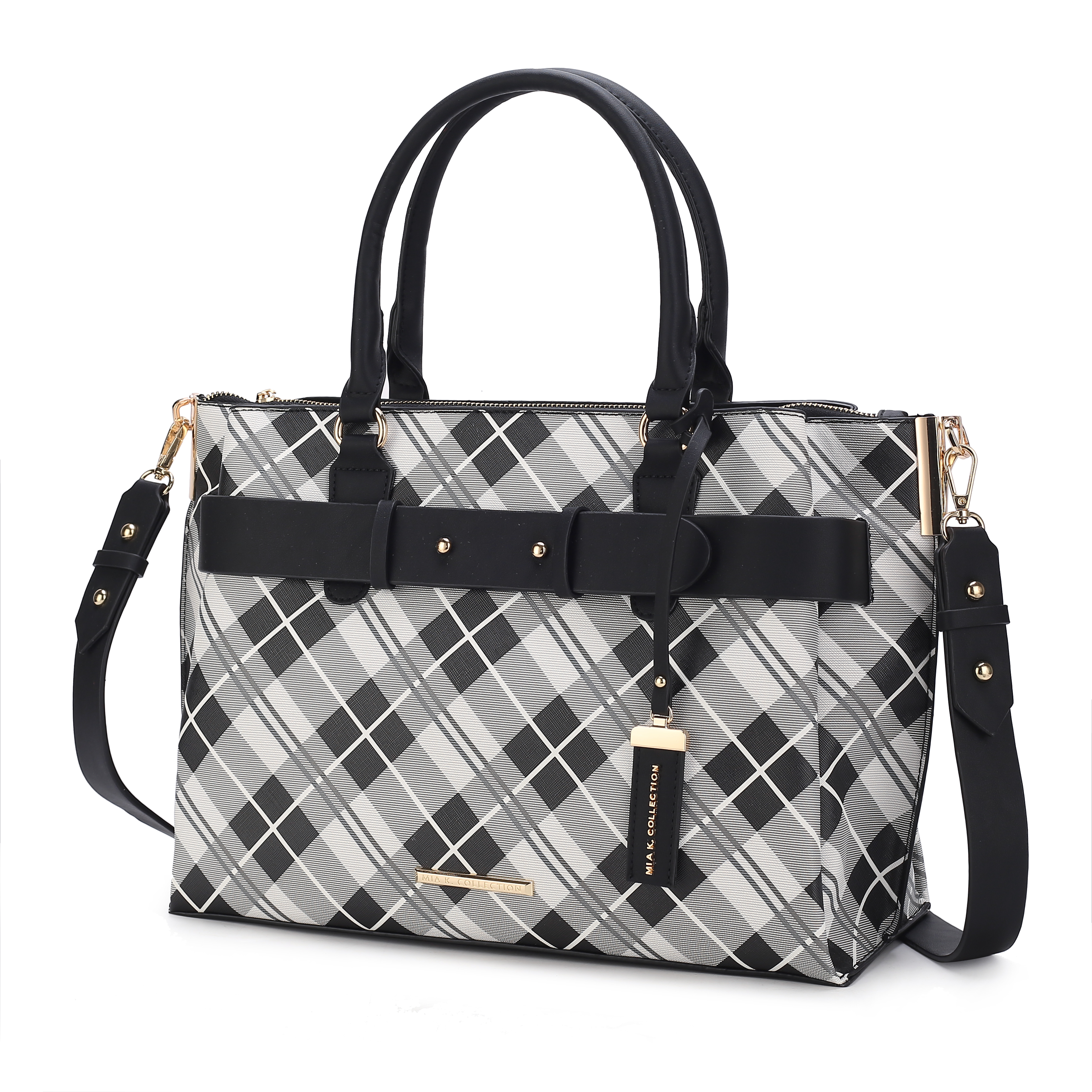 Picture of MKF Collection by Mia K. MKF-PLD-X419N-BK-BK Vivian Plaid Vegan Leather Womens Satchel Bag