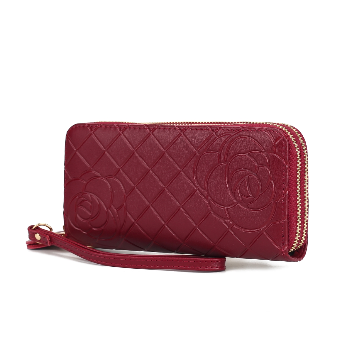 JMR-X4312BRG Honey Womens Wristlet Wallet Genuine Leather Quilted Flower-Embossed, Double Zip RFID-Style Organizer Clutch