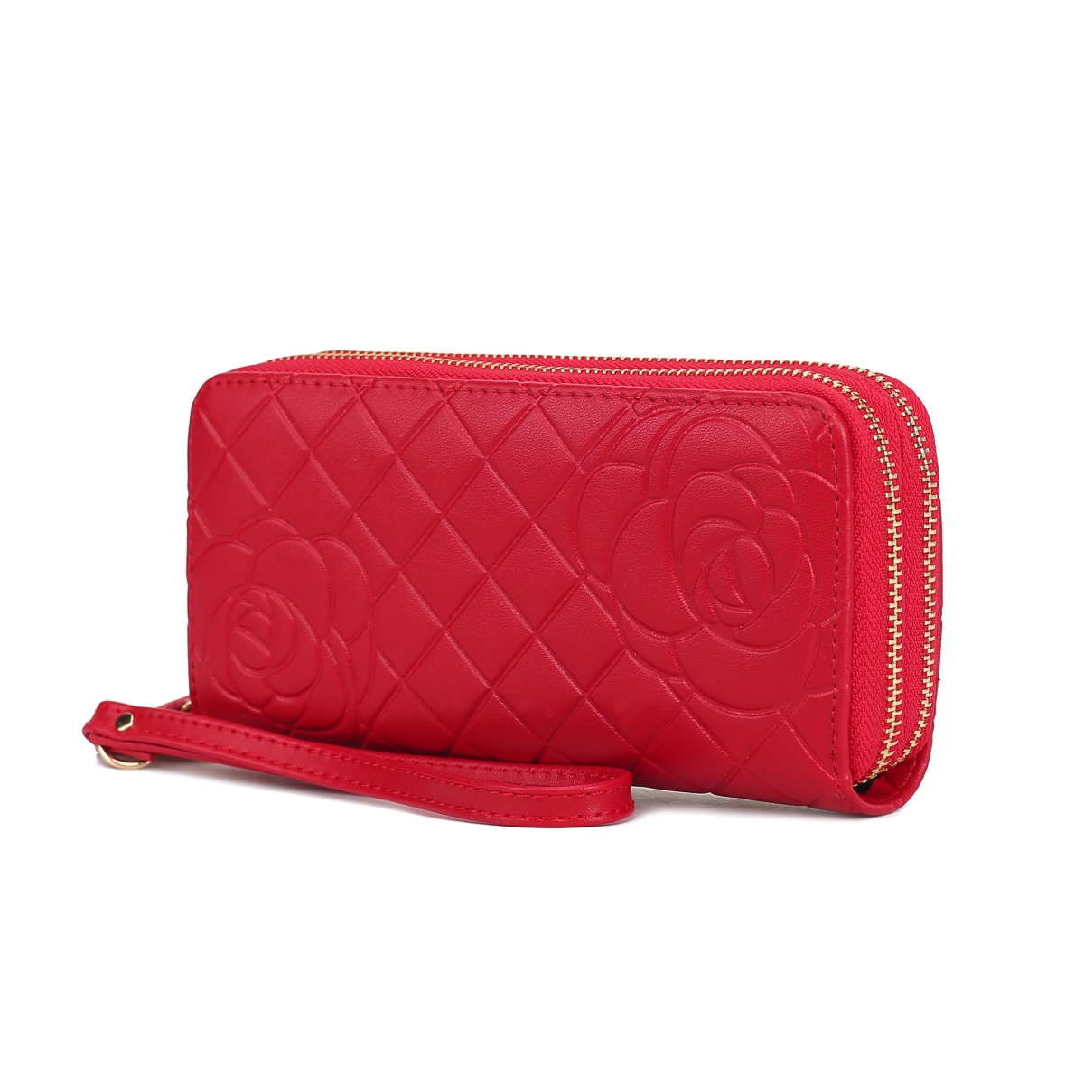 JMR-X4312RD Honey Womens Wristlet Wallet Genuine Leather Quilted Flower-Embossed, Double Zip RFID-Style Organizer Clutch