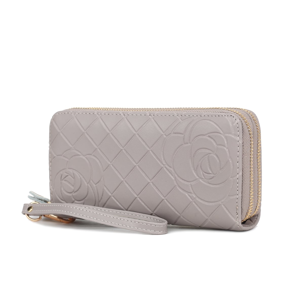 JMR-X4312GRY Honey Womens Wristlet Wallet Genuine Leather Quilted Flower-Embossed, Double Zip RFID-Style Organizer Clutch