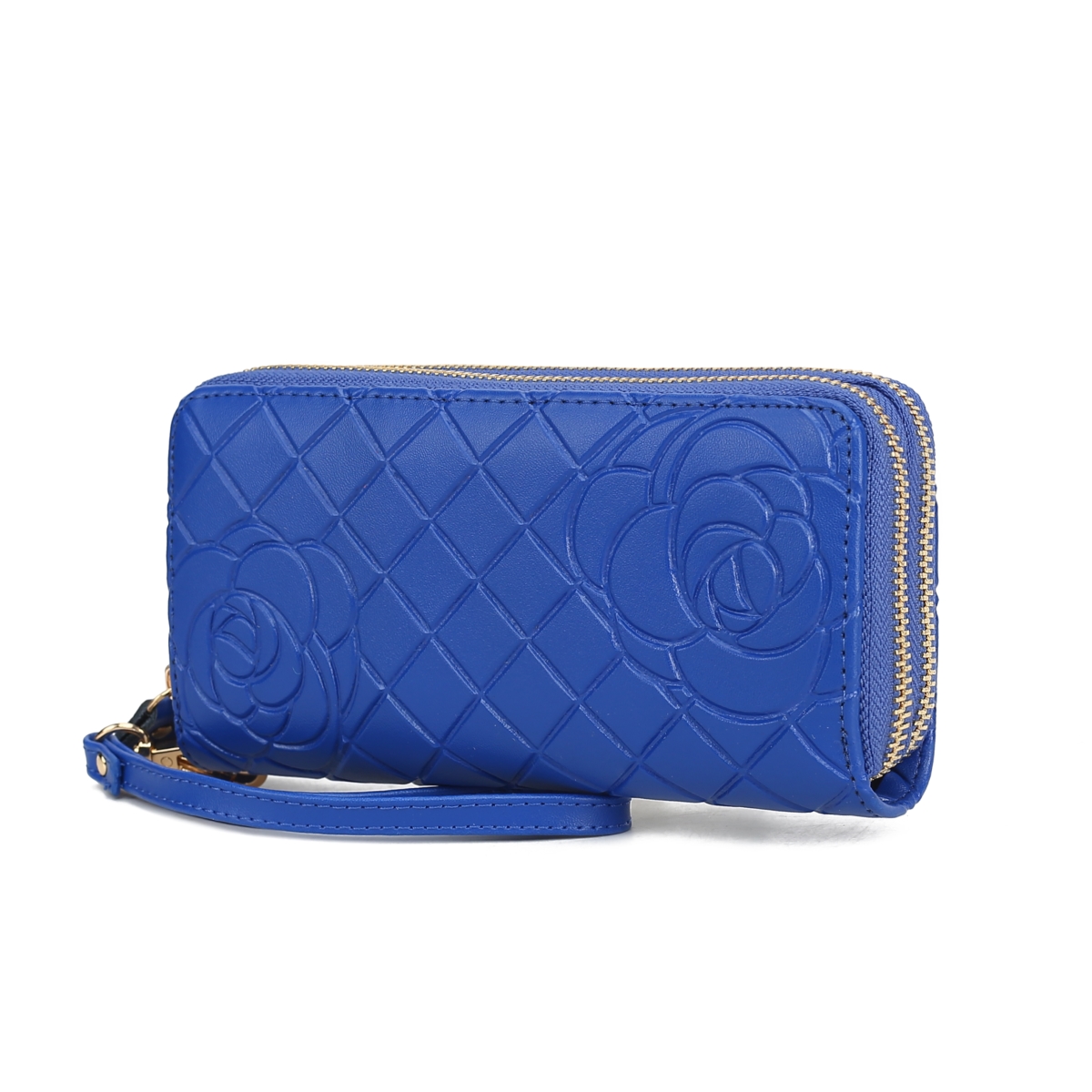 JMR-X4312RY Honey Womens Wristlet Wallet Genuine Leather Quilted Flower-Embossed, Double Zip RFID-Style Organizer Clutch