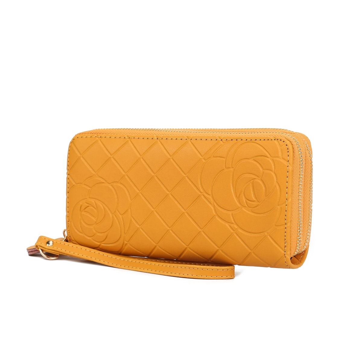 JMR-X4312MS Honey Womens Wristlet Wallet Genuine Leather Quilted Flower-Embossed, Double Zip RFID-Style Organizer Clutch