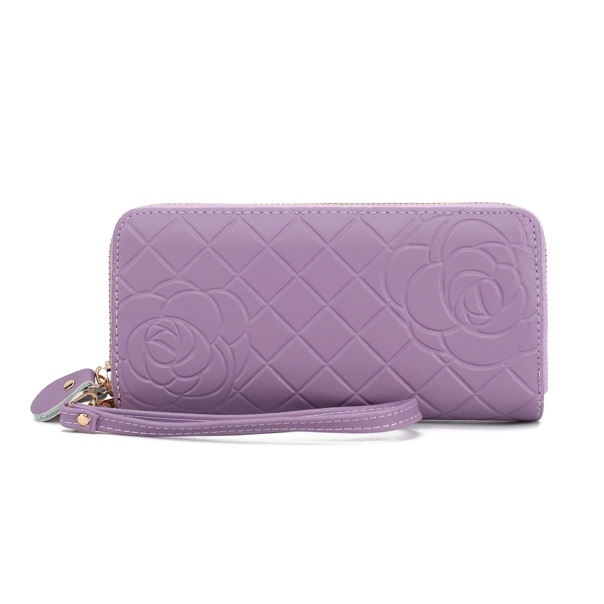 JMR-X4312LV Honey Womens Wristlet Wallet Genuine Leather Quilted Flower-Embossed, Double Zip RFID-Style Organizer Clutch