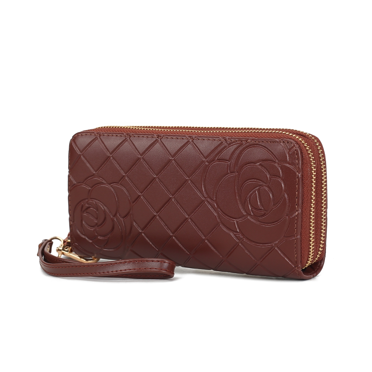 JMR-X4312CF Honey Womens Wristlet Wallet Genuine Leather Quilted Flower-Embossed, Double Zip RFID-Style Organizer Clutch