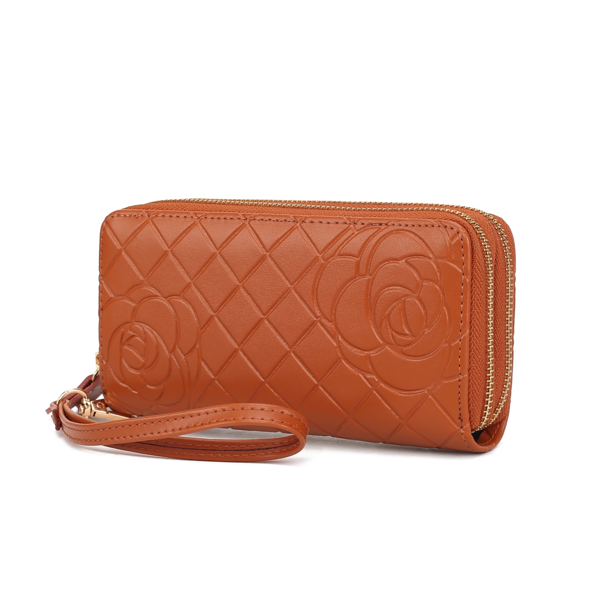 JMR-X4312CA Honey Womens Wristlet Wallet Genuine Leather Quilted Flower-Embossed, Double Zip RFID-Style Organizer Clutch