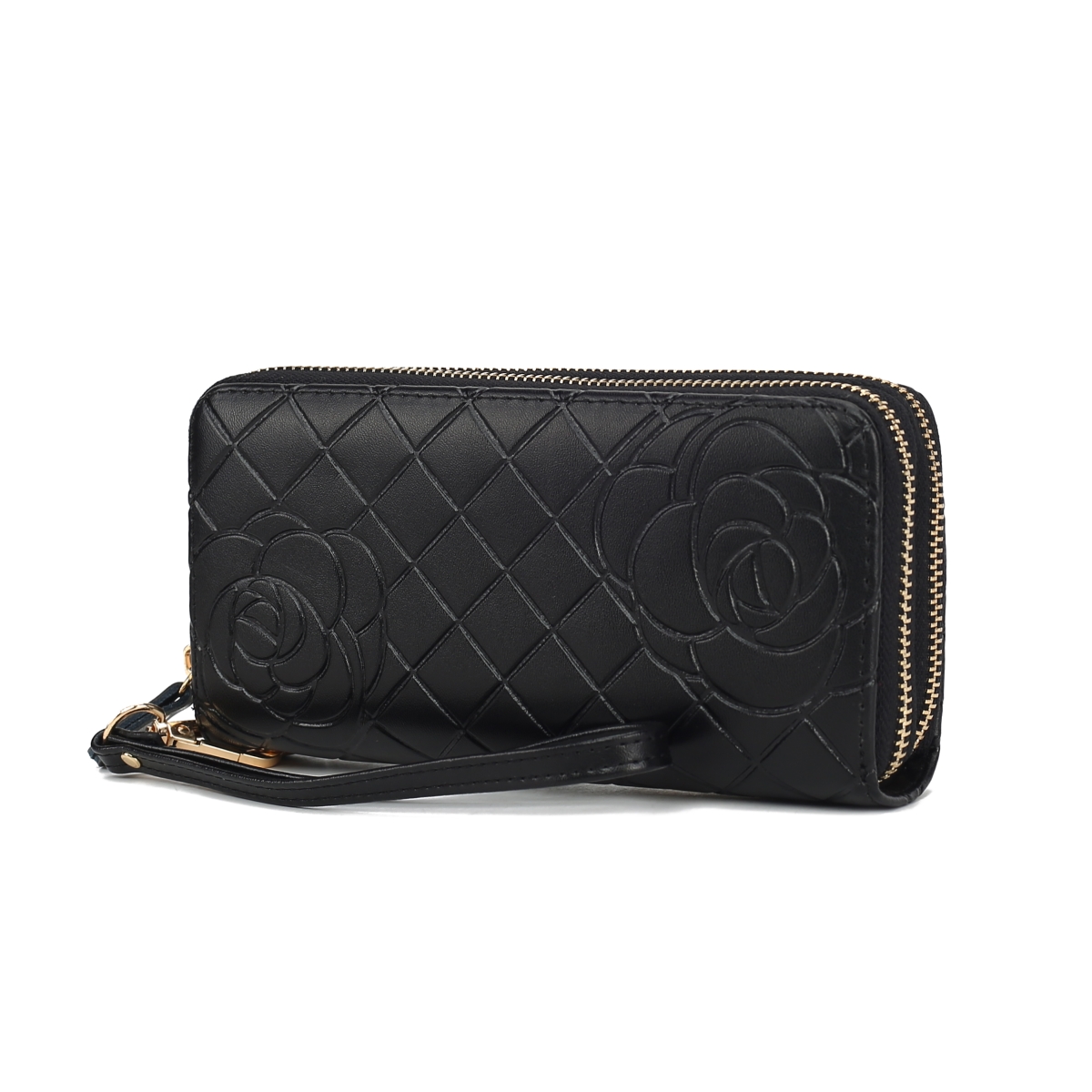 JMR-X4312BK Honey Womens Wristlet Wallet Genuine Leather Quilted Flower-Embossed, Double Zip RFID-Style Organizer Clutch