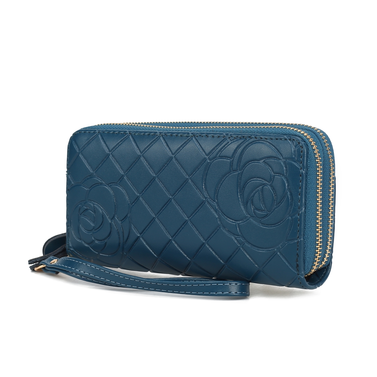 JMR-X4312TL Honey Womens Wristlet Wallet Genuine Leather Quilted Flower-Embossed, Double Zip RFID-Style Organizer Clutch