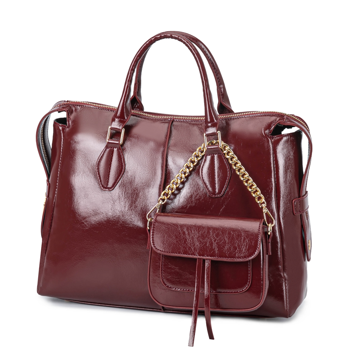 JMR-L569BRG Yareli Women's Tote Bag with Mini Bag Set, Vegan Leather Shoulder Bag Handbag Purse