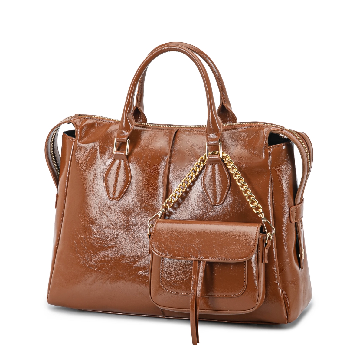 JMR-L569BR Yareli Women's Tote Bag with Mini Bag Set, Vegan Leather Shoulder Bag Handbag Purse