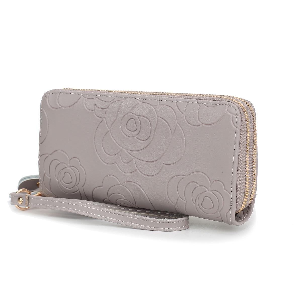 JMR-X4301GRY Ellie Womens Wristlet Wallet Genuine Leather Flower-Embossed, Double Zip RFID-Style Organizer Clutch