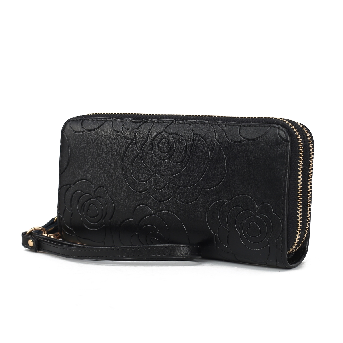 JMR-X4301BK Ellie Womens Wristlet Wallet Genuine Leather Flower-Embossed, Double Zip RFID-Style Organizer Clutch