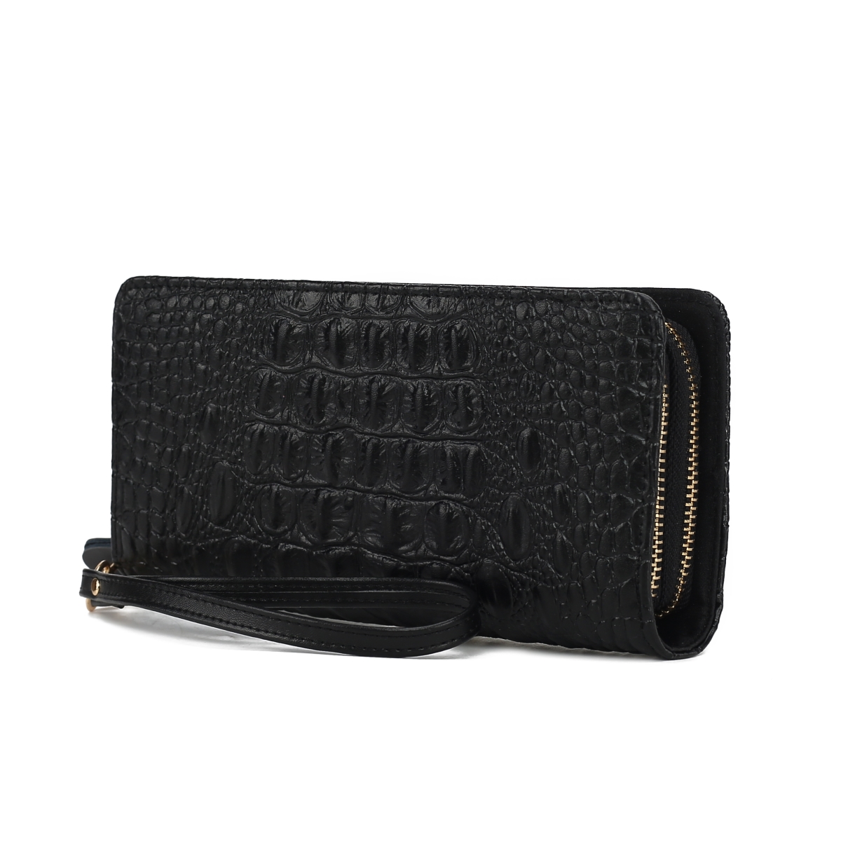 JMR-X4303BK Eve Womens Wristlet Wallet Genuine Leather Crocodile-Embossed, Double Zip RFID-Style Organizer Clutch