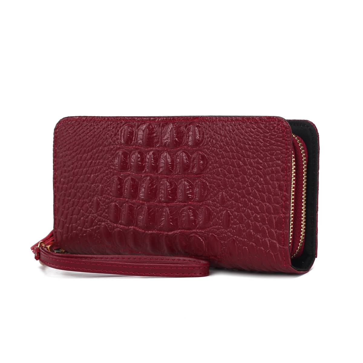 JMR-X4303BRG Eve Womens Wristlet Wallet Genuine Leather Crocodile-Embossed, Double Zip RFID-Style Organizer Clutch