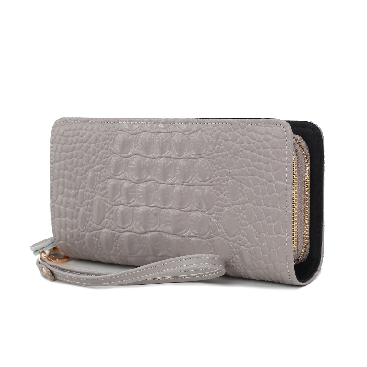 JMR-X4303GRY Eve Womens Wristlet Wallet Genuine Leather Crocodile-Embossed, Double Zip RFID-Style Organizer Clutch