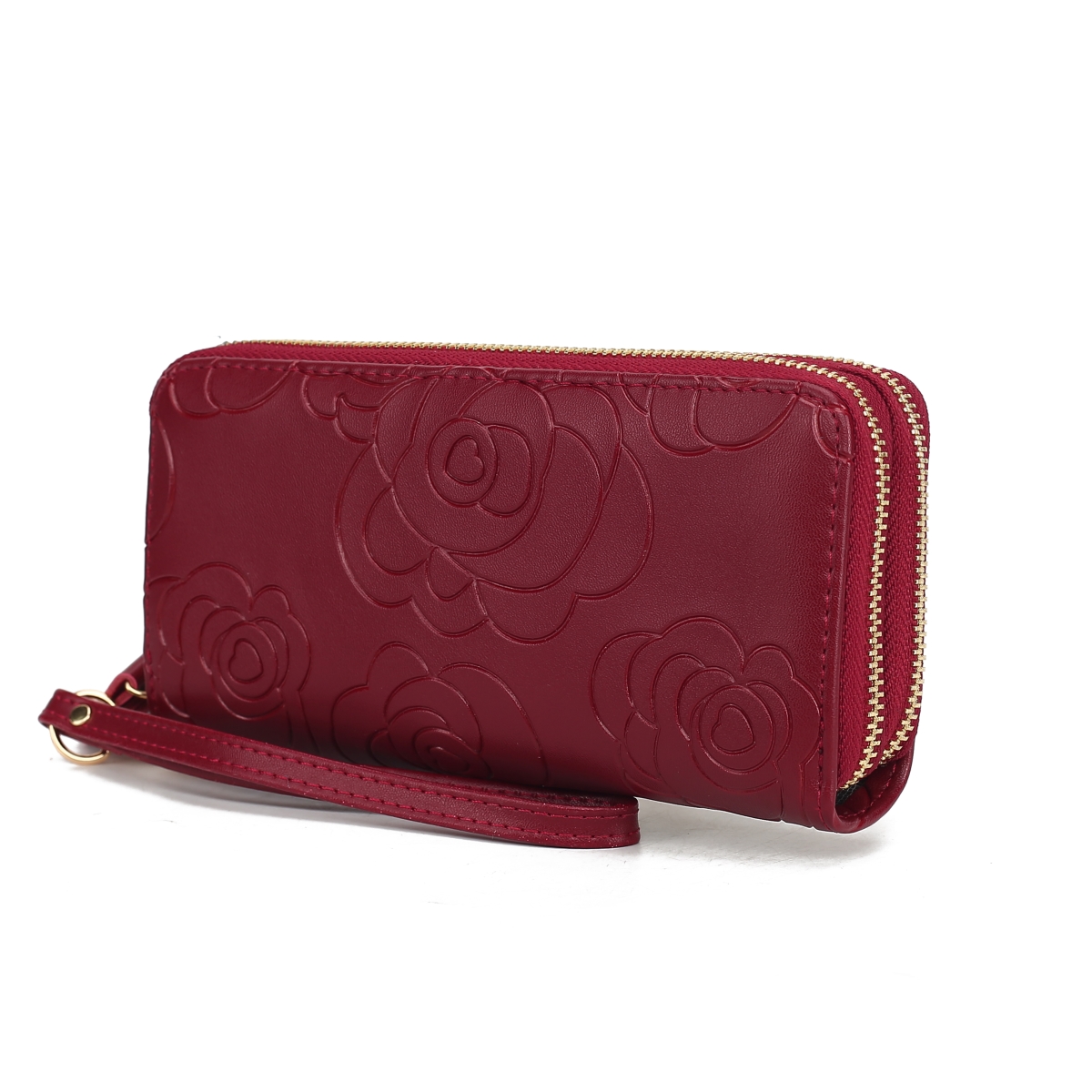 JMR-X4301BRG Ellie Womens Wristlet Wallet Genuine Leather Flower-Embossed, Double Zip RFID-Style Organizer Clutch