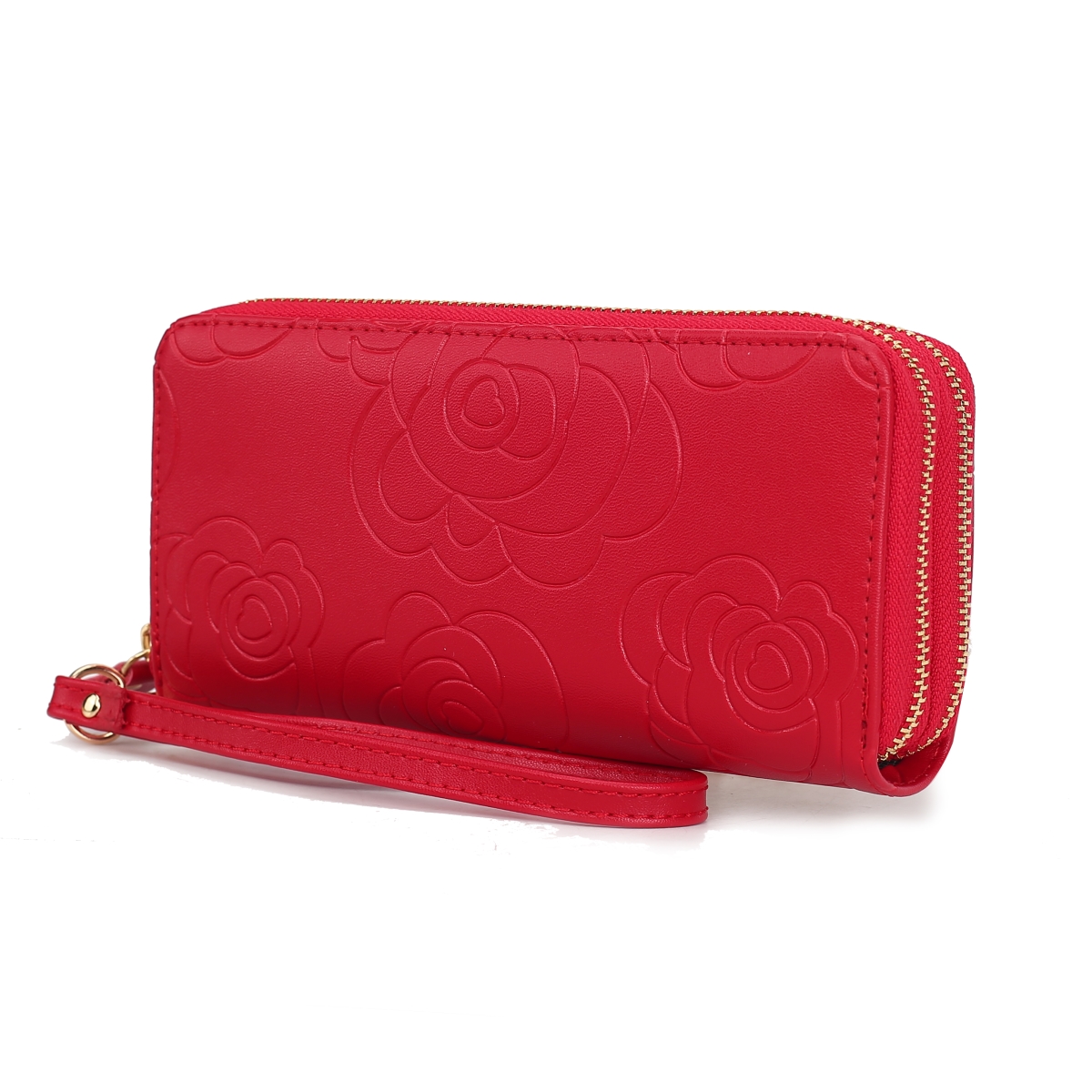 JMR-X4301RD Ellie Womens Wristlet Wallet Genuine Leather Flower-Embossed, Double Zip RFID-Style Organizer Clutch
