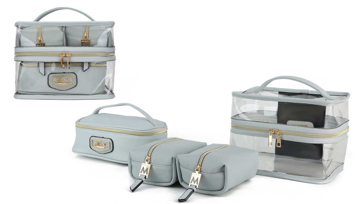 JMR-CC101BLU Emma Womens 4-Piece Cosmetic Clear Case Bag Set Vegan Leather