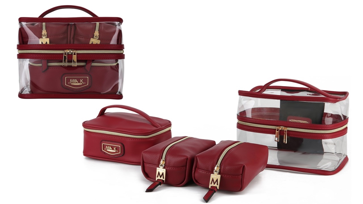 JMR-CC101RD Emma Womens 4-Piece Cosmetic Clear Case Bag Set Vegan Leather