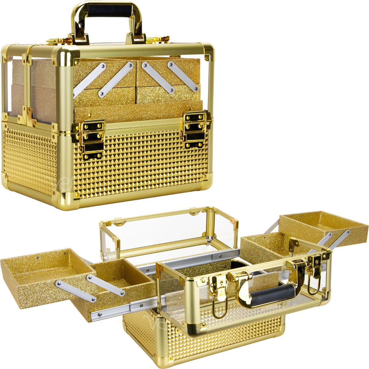 Ice Cube Acrylic Armored 4-Tiers Easy-Slide Trays for Professional Cosmetic Makeup Case with Brush Holder, Gold
