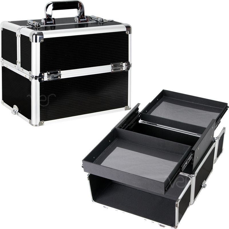 VP019-61 Stripe Professional Aluminum Upgradeable 2 Lockable Sliding Tray Makeup Train Case, Black - Large