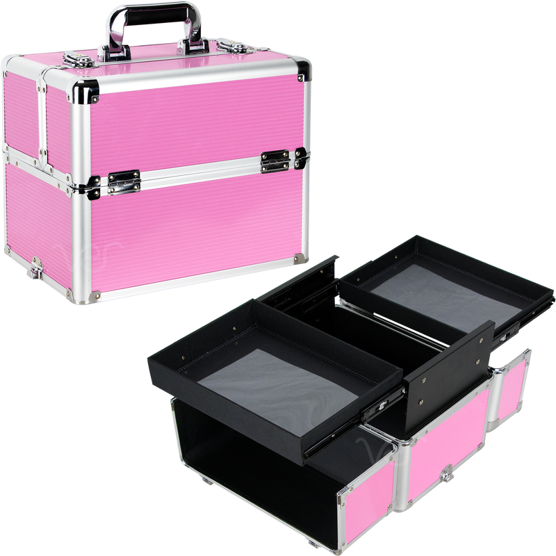 VP019-63 Stripe Professional Aluminum Upgradeable 2 Lockable Sliding Tray Makeup Train Case, Pink - Large