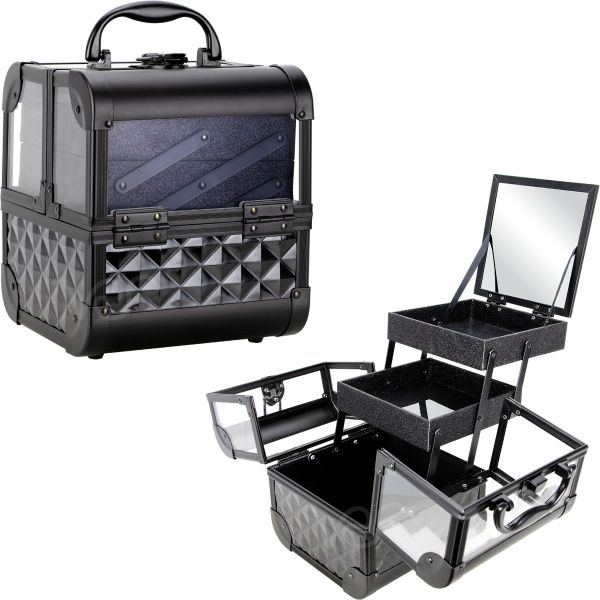 Picture of JC Beauty JMK001-82 Black Diamond Acrylic 2-Tiers Extendable Trays Cosmetic Makeup Train Case with Mirror