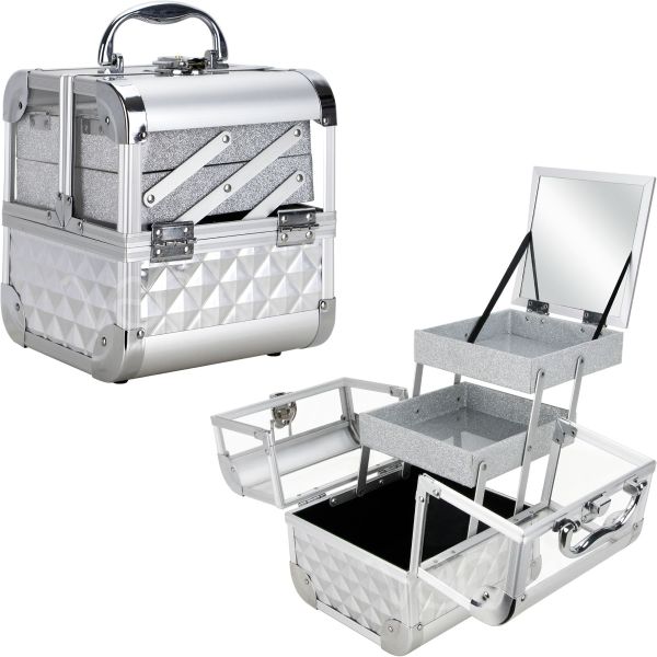 Picture of JC Beauty JMK001-84 Silver Diamond Acrylic 2-Tiers Extendable Trays Cosmetic Makeup Train Case with Mirror