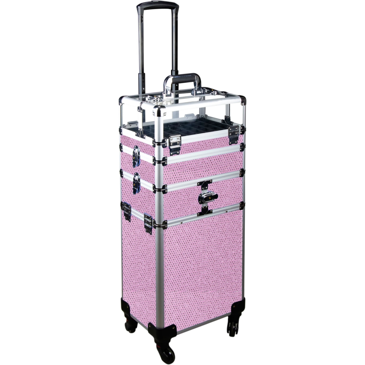 Picture of Ver Beauty JMT002-43 7 in. 1 Four Wheels Professional Rolling Makeup Nail Tech Case with Clear Panel Nail Polishes Holder & Removable Tray&#44; Pink