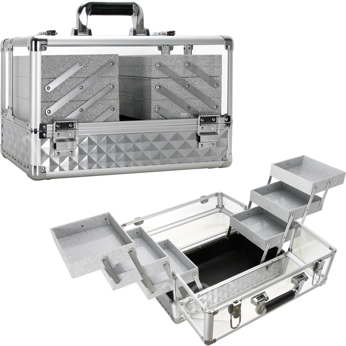 Picture of JC Beauty JMP002-84 Diamond Acrylic Armored 6-Tiers Extendable Trays Professional Cosmetic Makeup Case with Brush Holder, Silver