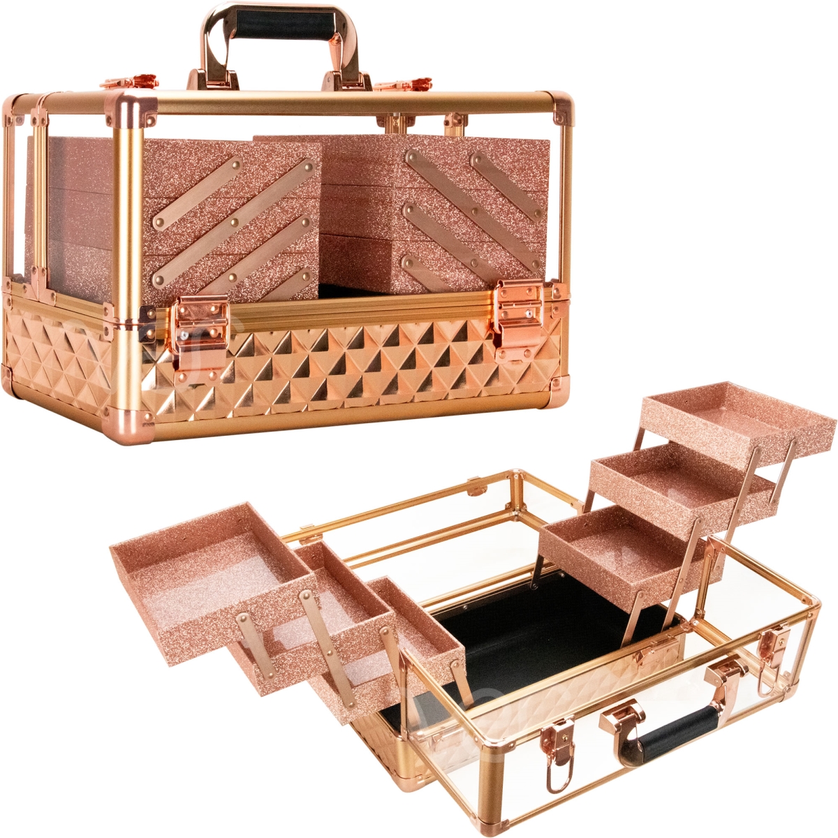 Picture of JC Beauty JMP002-85 Diamond Acrylic Armored 6-Tiers Extendable Trays Professional Cosmetic Makeup Case with Brush Holder, Rose Gold