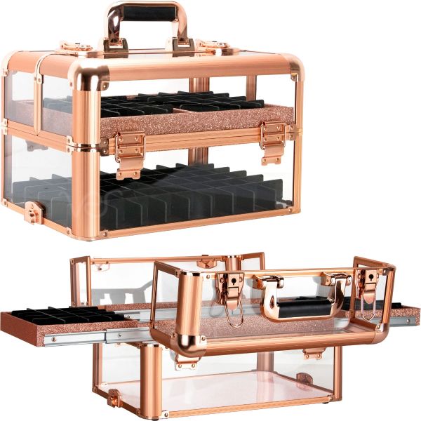 Picture of JC Beauty JMP001-145 Rose Gold Acrylic Armored Easy Slide Tray Professional Cosmetic Makeup Nail Case with Foundation Holder