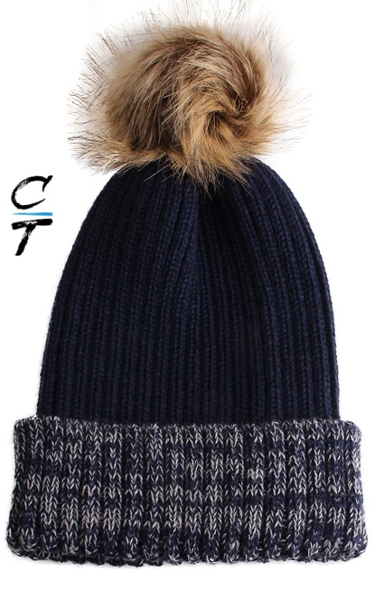 Picture of Cozy Time 10106-NAVY Two Tone Winter Fur Pom Acrylic Knitted Beanie Hats for Extra Warmth & Comfort - Navy
