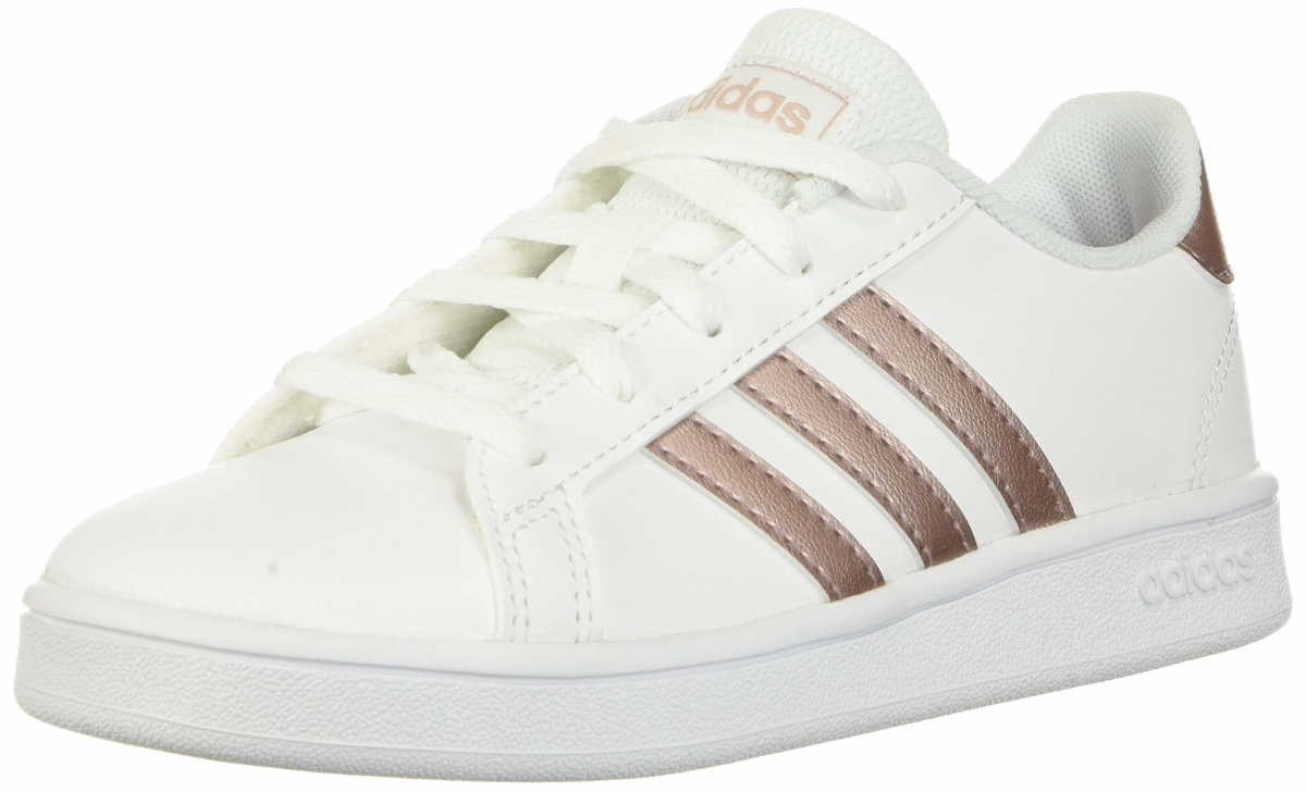 Picture of Adidas EF0101-2 Kids Unisex Grand Court Shoes - Cloud White&#44; Copper Met & Light Granite - Size 2