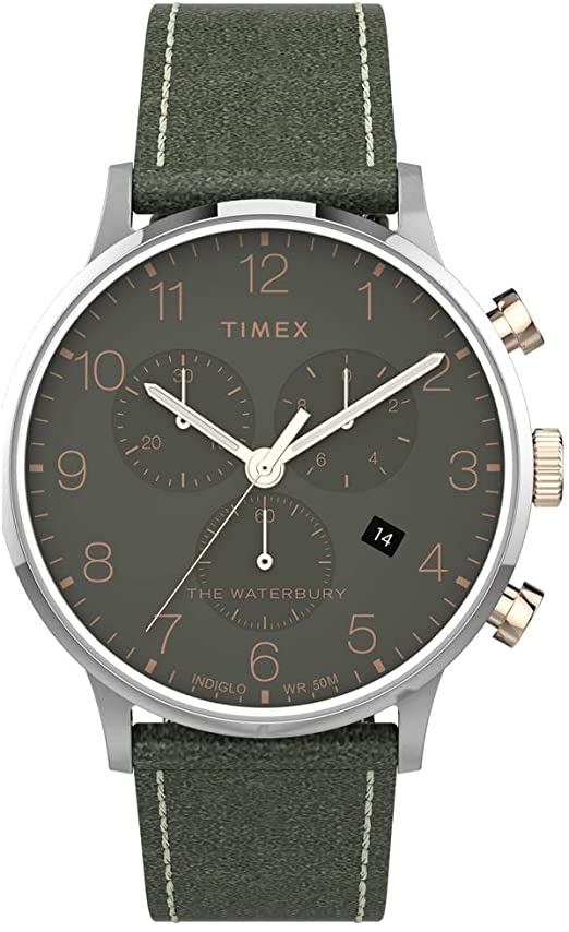 Picture of Timex TW2T71400 40 mm Waterbury Classic Chrono Sst Case Green Dial Green Leather Strap, Stainless Steel