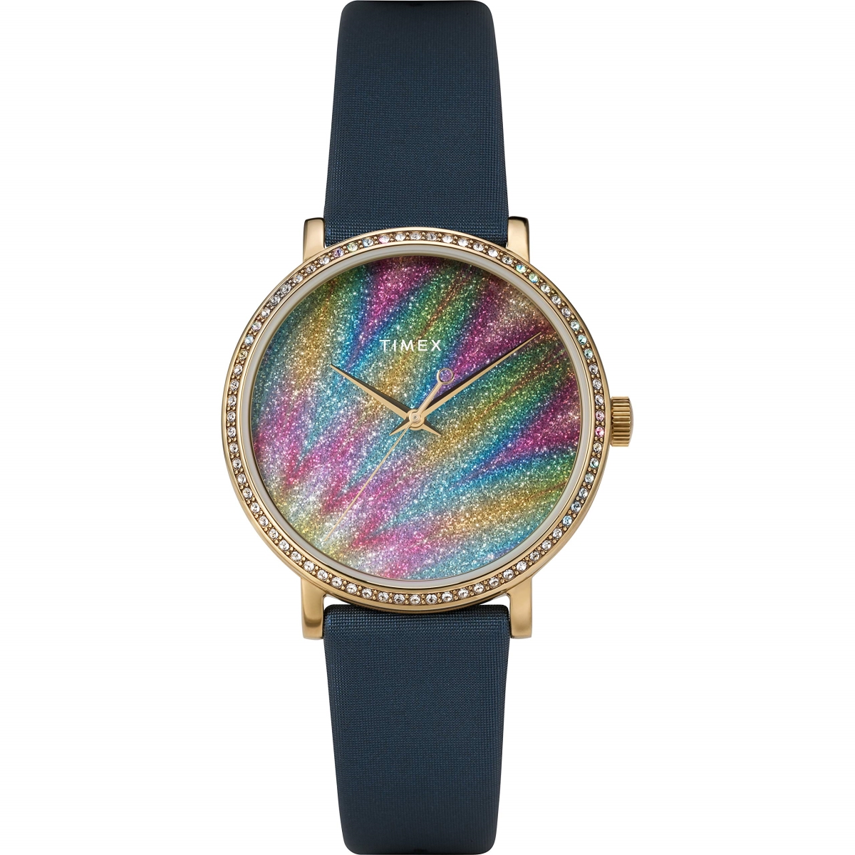 38 mm Womens Celestial Opulence Rose Gold-Tone Case with Crystals - Glitter Dial & Blue Leather Strap -  The Gem Collection, TH3289528