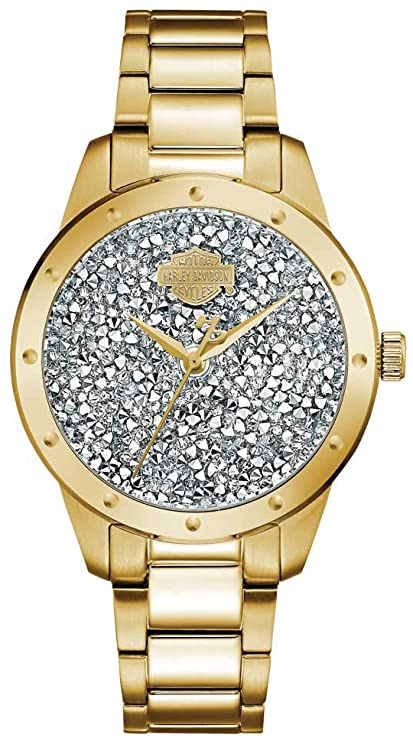Picture of Harley-Davidson 77L110 Womens Bar & Shield Crystal Rocks Watch&#44; Gold Tone