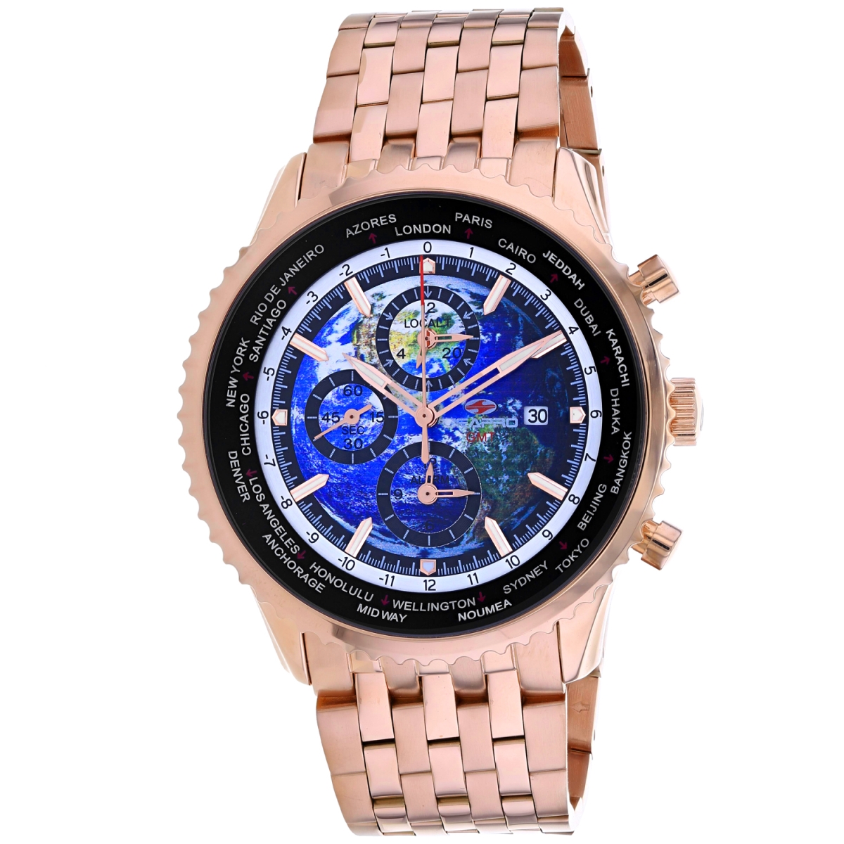 SP7321 Meridian World Timer GMT Quartz Blue Dial Round Mens Watch - Gold Tone -  Seapro