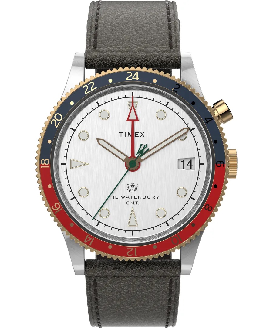 TW2U99100 39 mm Waterbury Traditional GMT Brown & White Leather Strap Mens Watch