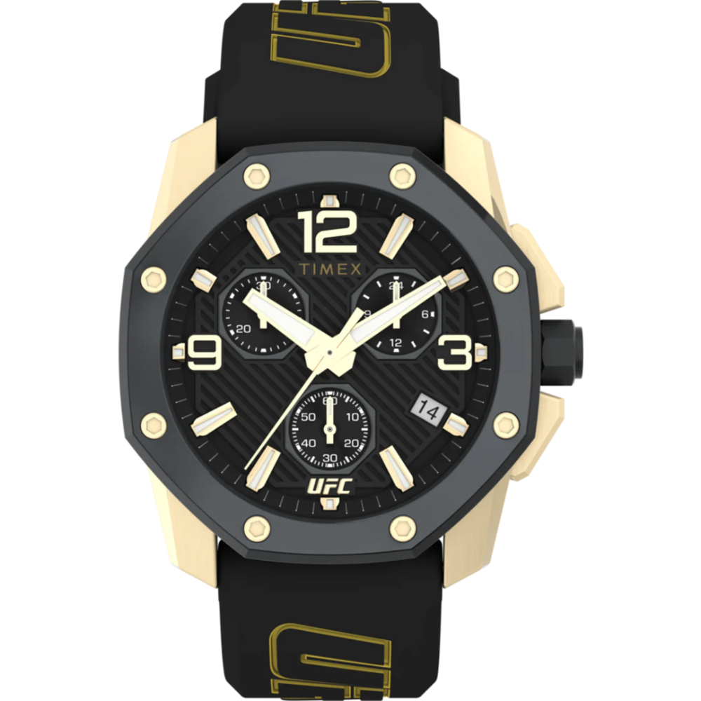 TW2V58500 45 mm UFC Icon Chronograph Silicone Strap Watch for Men - Gold Tone Case, Black Strap & Dial