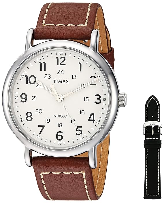 Picture of Timex TWG019100 40 mm Weekender Seasonal Leather Strap Watch Gift Set&#44; Brown & Black - 2 Piece