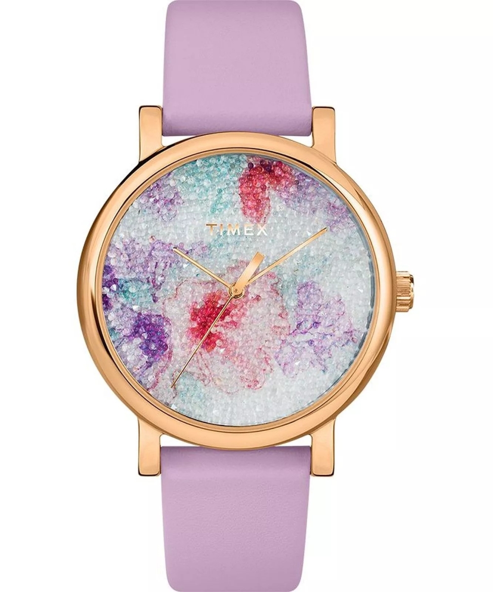 TW2T78200 38 mm Trend Crystal Pave Leather Strap Womens Watch, Purple
