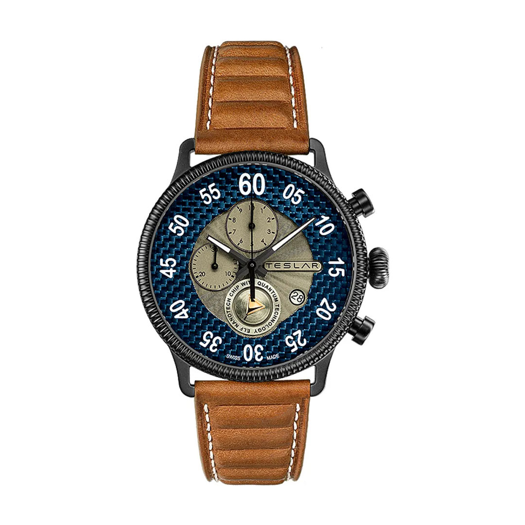 Picture of Teslar WTTP002 44 mm Re-Balance T-1 Blue Dial Unisex Watch&#44; Brown Strap