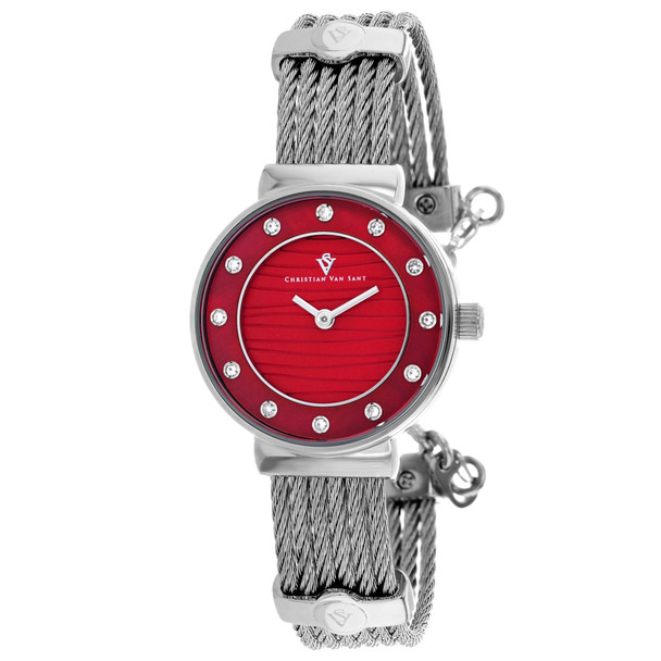 CV1294 28 mm Cavo Quartz Red Dial Round Ladies Watch, Silver