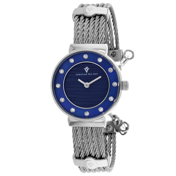 CV1292 28 mm Cavo Quartz Blue Dial Round Ladies Watch, Silver