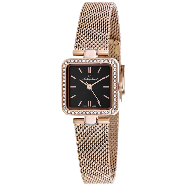 FOO2PN 22 mm Fleury XIV Quartz Black Dial Square Ladies Watch, Rose Gold